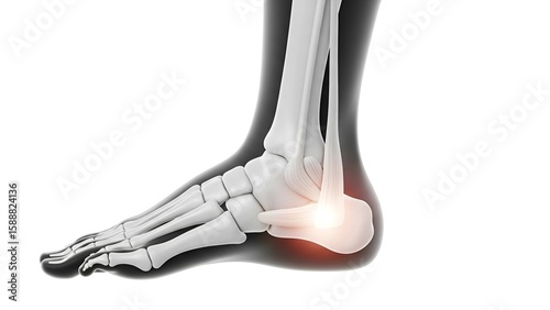 Human Foot Skeleton with Highlighted Heel Pain and Inflammation, Medical Anatomy Illustration