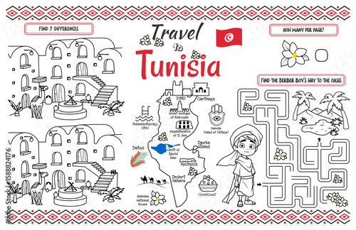 A fun placemat for kids. Printable “Travel to Tunisia” activity sheet with a labyrinth and find the differences. 17x11 inch printable vector file