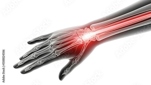 Human Hand and Forearm Bones with Highlighted Wrist Pain. Medical 3D Anatomy Illustration.