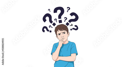 A young boy stands with his chin in his hand surrounded by multiple question marks indicating he is thinking and pondering difficult questions or seeking answers