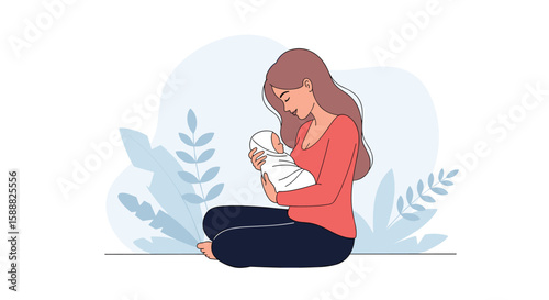 A Tender Moment of a Mother Holding Her Newborn Baby Close in a Peaceful Setting Surrounded by Nature Elements