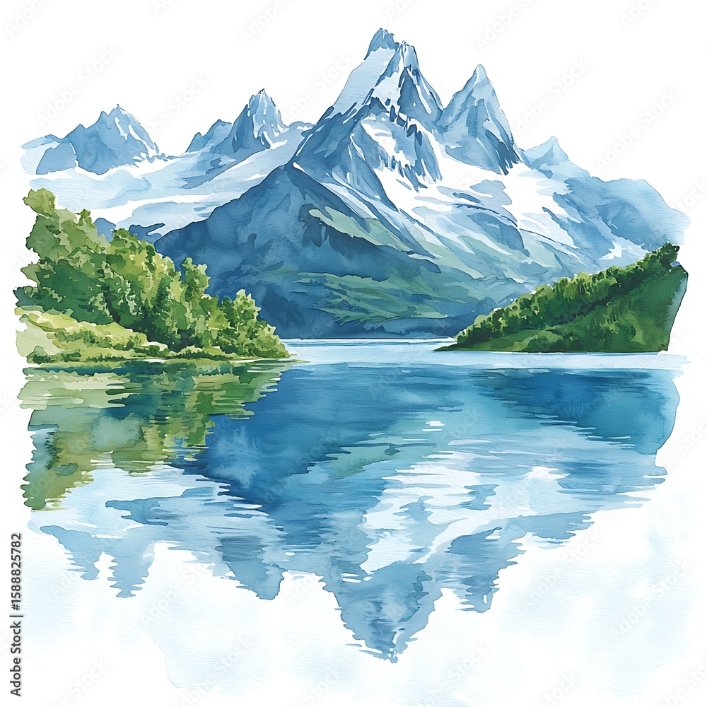 Naklejka premium Majestic Snow Capped Mountains Reflecting in Serene Blue Lake Waters.