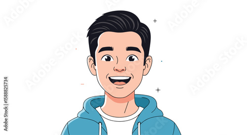 A Young Man with a Bright Smile Wearing a Blue Hoodie a Cheerful Expression and a Modern Hairstyle