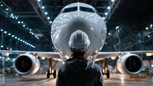 A woman stands in front of a large airplane, wearing a hard hat