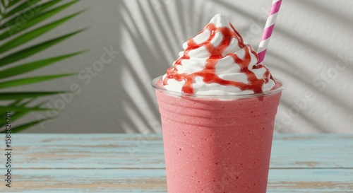Refreshing strawberry smoothie topped with whipped cream and strawberry syrup