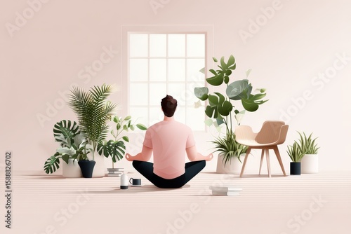 Young caucasian male meditating in minimalist room with indoor plants by a window