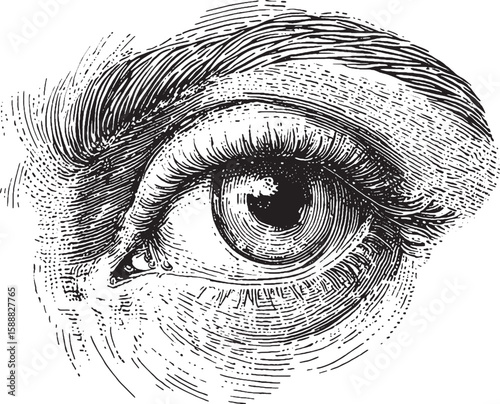 Engraved eye vector illustration, detailed linework. Curved lines, texture, vintage style. Art, tattoo design, book illustration, educational material, visual storytelling, classic engraving technique