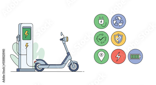 Modern Electric Scooter Charging Station and Performance Icons for Sustainable Urban Mobility Solutions