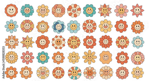 Collection of Playful Flower Faces with Expressive Cartoon Eyes and Smiling Mouths Offering Various Emotions for Joyful Designs