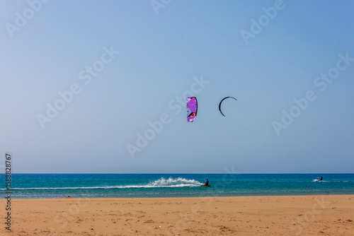 Kitesurfing on Prassonissi Beach, Rhodes. Greece