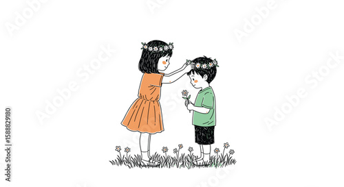 Two young children stand in a meadow of wildflowers as one places a flower crown on the other's head symbolizing friendship and shared joy during childhood