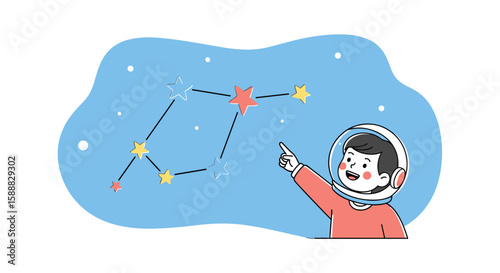 A young explorer points to a celestial map of stars and constellations in the vastness of the night sky