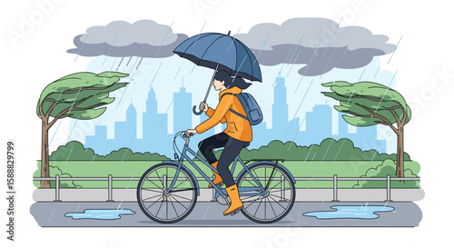 A person rides a bicycle under an umbrella in the rain in a city park