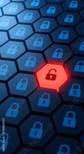 An unlocked red padlock stands out among locked blue padlocks