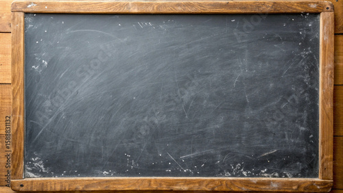 Close up view of empty vintage school blackboard with wooden frame on wooden surface