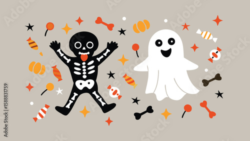Illustration of a skeleton and ghost with candies and stars for halloween celebration theme design