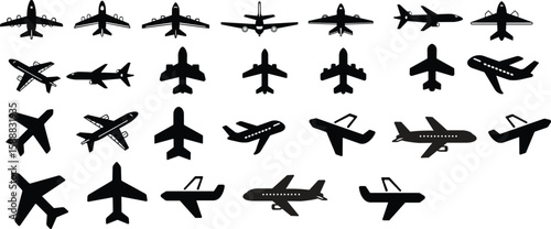 Art & IllustratioAirplane icon set.Plane icon set. Airplane icon vector. Flight transport symbol. Travel illustration. Holiday symbol.Flight land symbol vector black.Set airplane icon. Aircrafts flatn