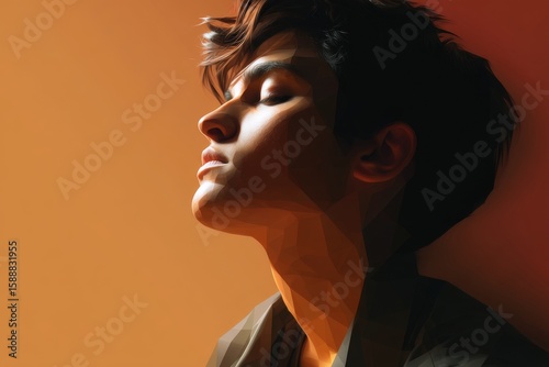 Young caucasian male with artistic light on face, eyes closed, peaceful expression