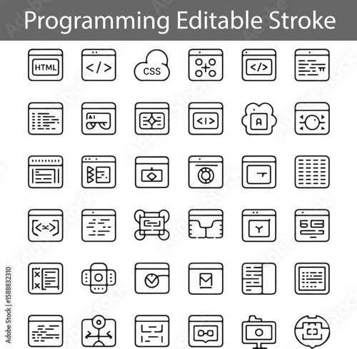 A developer’s creative flow captured in a set of editable stroke icons representing essential web development tools