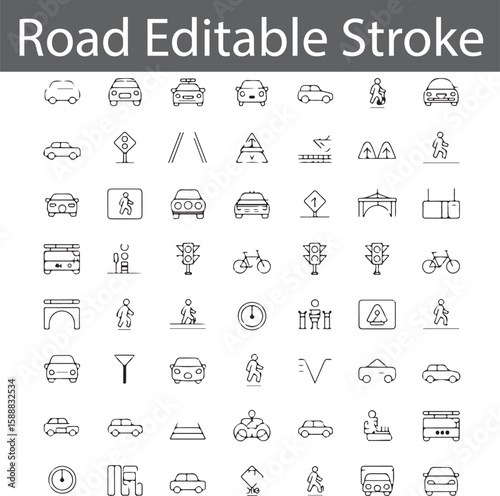 A lineup of simple stroke icons illustrating cars, buses, and bicycles alongside traffic signs and roadway elements