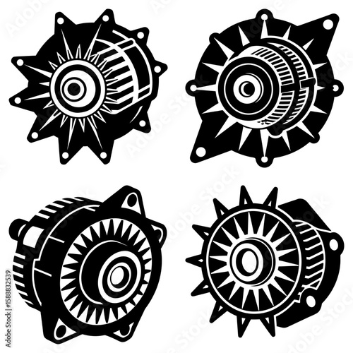 Four black and white alternator illustrations with varying designs and orientations shown together nicely