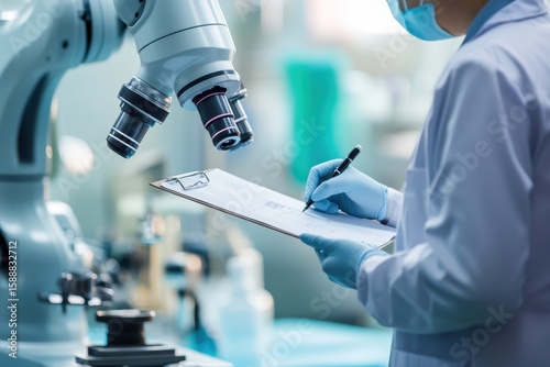 Scientist Examining Samples in Laboratory with Microscope and Clipboard