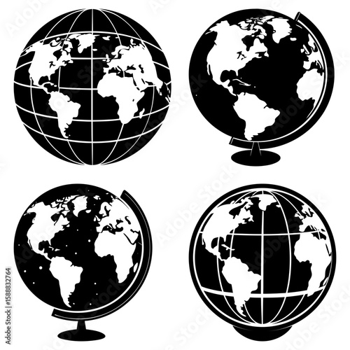 Illustration of four globes showing the continents in black and white with grid lines and stands