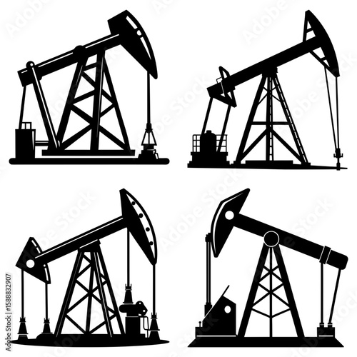 Illustration showing four oil pump jacks in silhouette against a white background in a square format