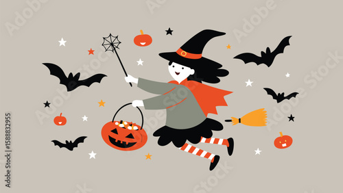 A cartoon witch flying on a broomstick with a pumpkin bucket and bats around on a halloween night scene