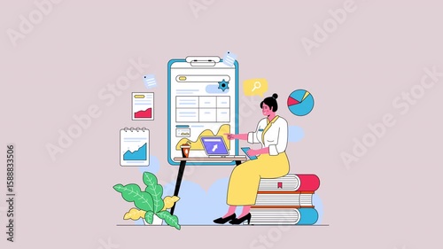 Online Course Learning Scene Animation is a flat character explainer scene perfect for startup videos, business presentations, or UI/UX concept animations.