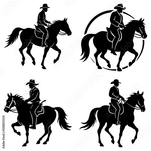 Silhouetted cowboys riding horses in various poses and styles on a white background with four images