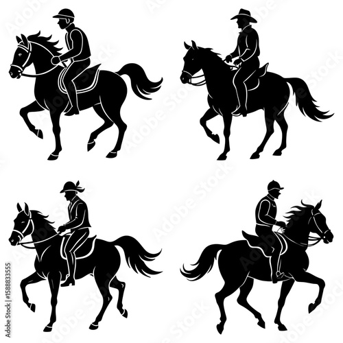 Silhouetted equestrian riders on horses in various styles and poses in a graphic representation