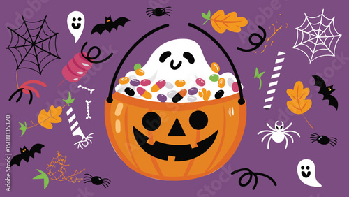 Halloween pumpkin bucket filled with candy and a ghost with bats and spiders on a purple background