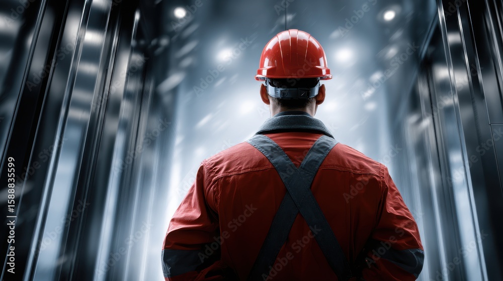 Obraz premium A man in a red jacket and a hard hat is standing in a dark room