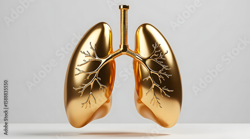 Pair of golden lungs with simplified shapes and detailed bronchi, symbolizing health and luxury in clean, minimalistic style