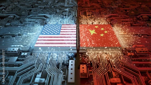 Digital artwork showing USA and China flags split across a circuit board, representing technological rivalry, cyber competition, and global digital conflict