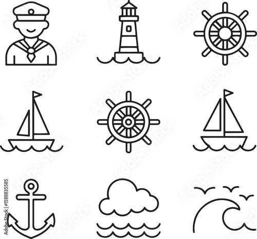 Marine and nautical line icons set. Ship, anchor, ocean, navigation. editable stroke. vector illustration 