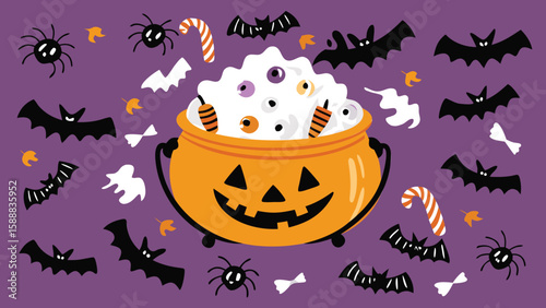 Halloween themed illustration with cauldron, bats, spiders, ghosts, and candy canes on purple background