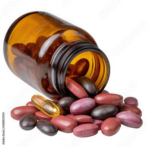 Pills spilling from bottle isolated on transparent background
