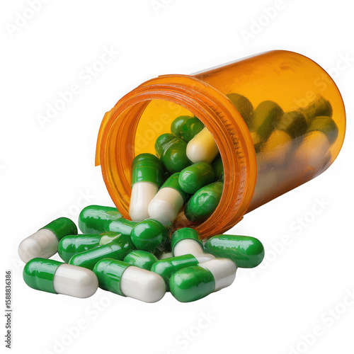 Pills spilling from bottle isolated on transparent background