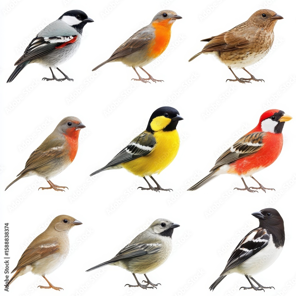 Fototapeta premium Nine Diverse Bird Species Collection.