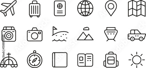 Travel line icons set. Adventure, location, map, suitcase. editable stroke. vector illustration 
