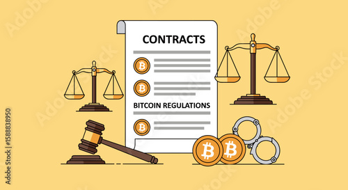 Bitcoin Regulation Contracts and Legal Scales Illustration