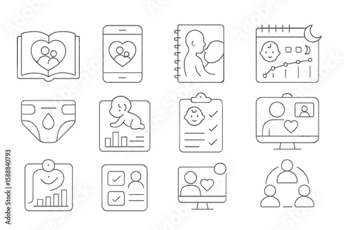 Baby care outline icon set. parenting, newborn essentials line icons collection