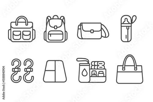 Backpack, bag line icon set for outdoor adventures, travel essentials