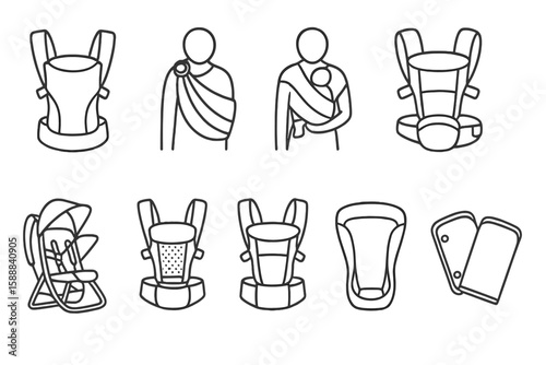 Baby carriers icon set. parenting, child care essentials in line style
