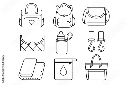 Baby essentials line icon set. diaper bag, stroller, bottle, outline icons collection