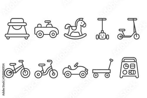 Toy and childhood line icon set. playful kids, games outline collection