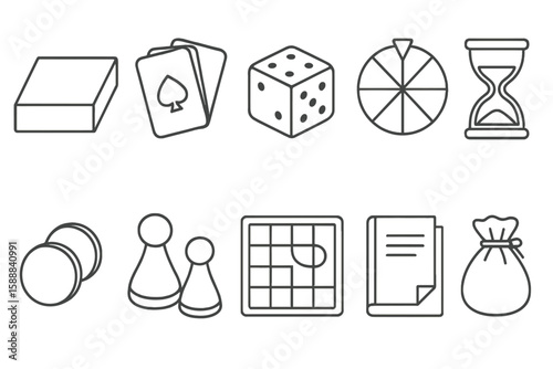 Board games outline icon set. cards, dice, strategy outline collection