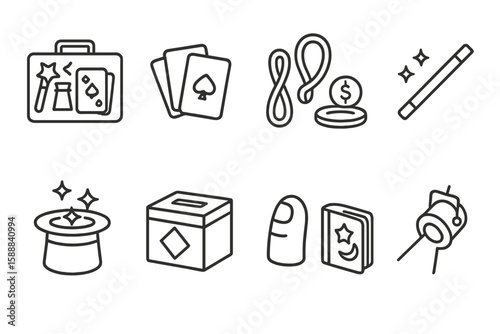 Magic tricks linear icon set: illusions, abracadabra, wizardry, conjuring icons